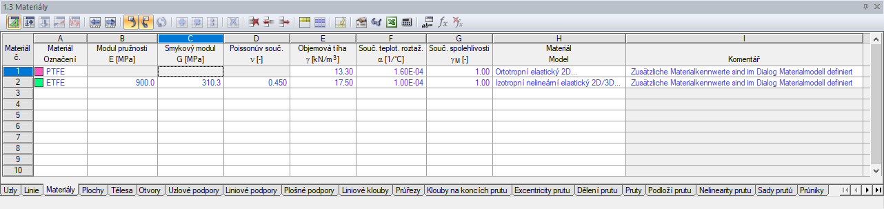 Zadání v tabulce "1.3 Materiály"