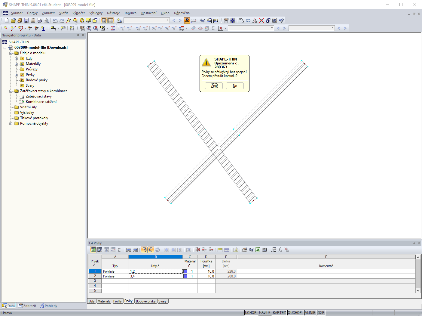 Upozornění č. 280345: Prvky se kříží bez spojení