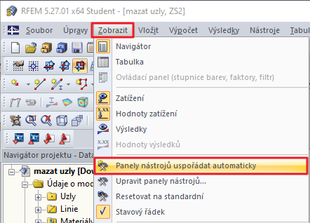 Možnost "Panely nástrojů uspořádat automaticky"