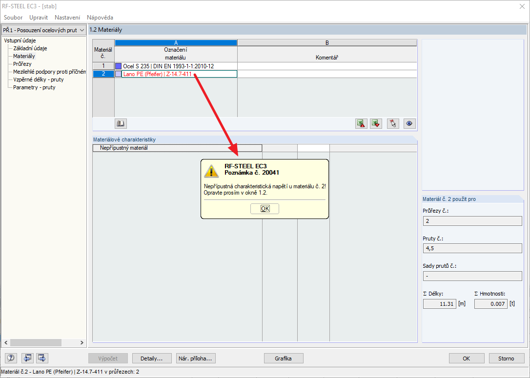 Chybové hlášení při výpočtu lana