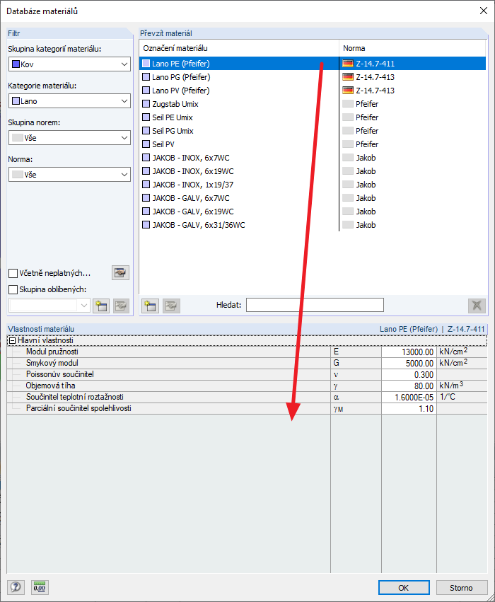Materiálové charakteristiky lana