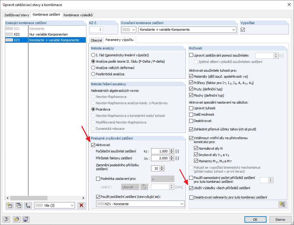 Postupné zvyšování zatížení v zatěžovacích stavech a v kombinacích zatížení