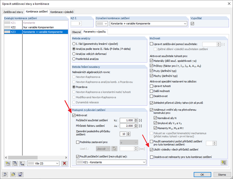 Postupné zvyšování zatížení v zatěžovacích stavech a v kombinacích zatížení