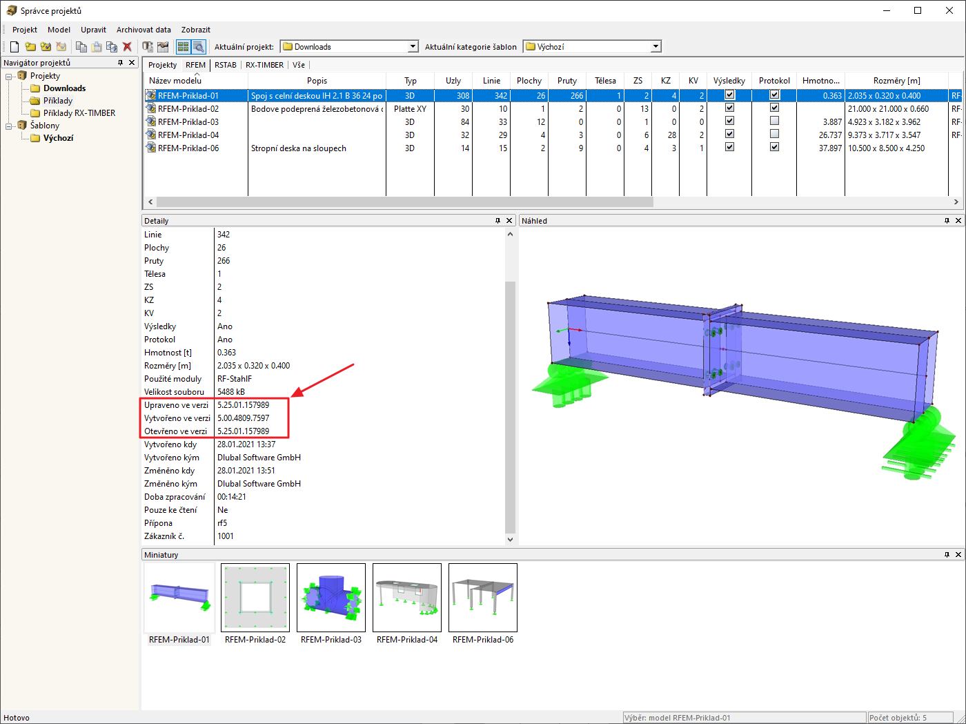 Číslo verze ve správci projektů