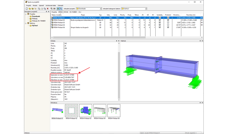 Číslo verze ve správci projektů