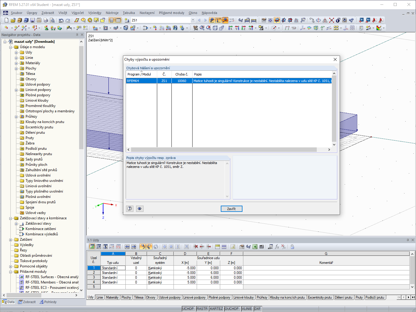 Seznam chyb výpočtu a upozornění