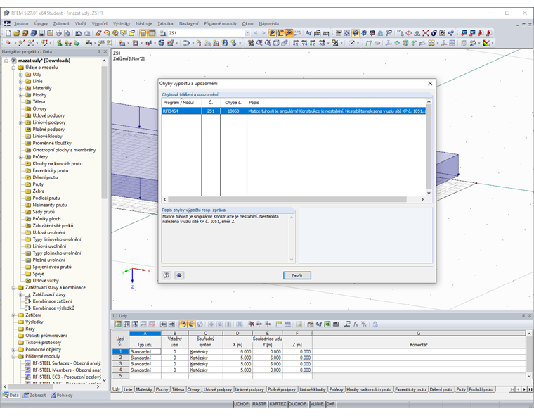 Seznam chyb výpočtu a upozornění