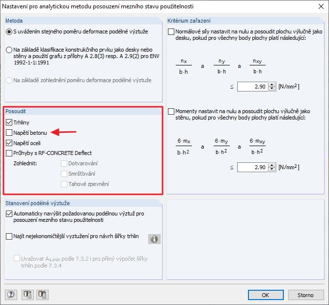 Nastavení pro určení napětí v betonu