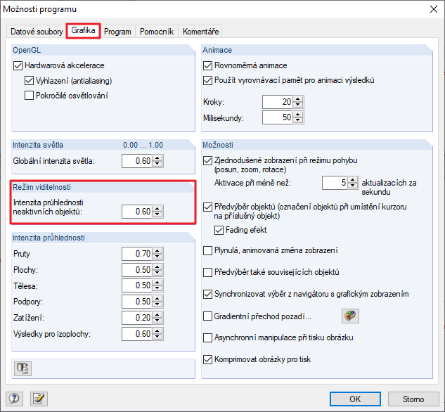 Úprava intenzity neaktivních objektů