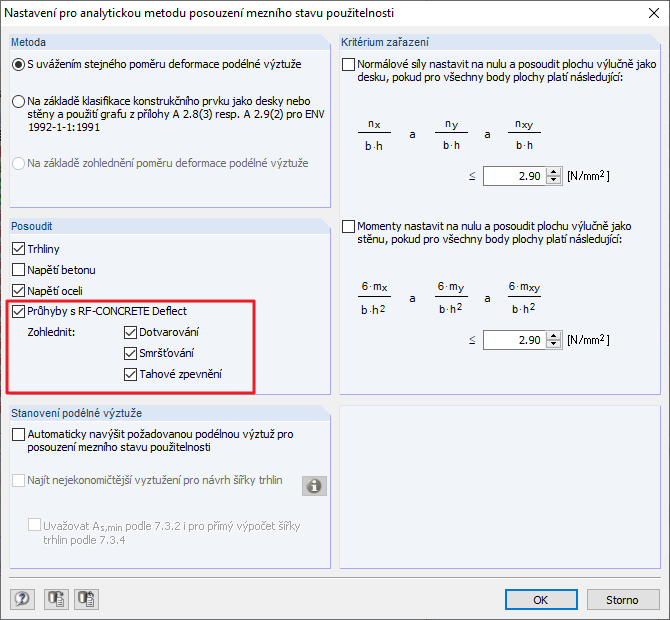 Nastavení pro analytický výpočet deformací pomocí RF-CONCRETE Deflect