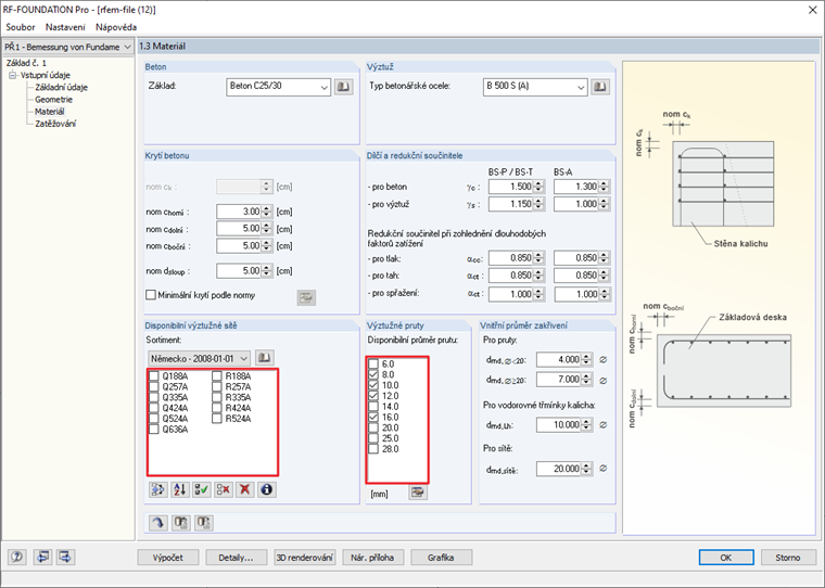 Dialog „1.3 Materiály“ s výběrem možné výztuže