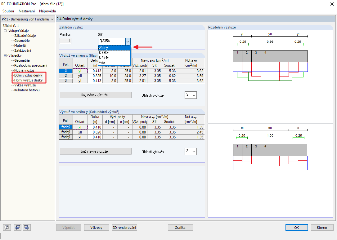 Výsledkové okno 2.4 nebo 2.5 s případnou úpravou návrhu výztuže