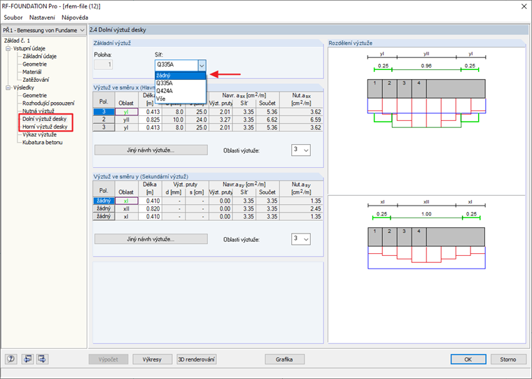 Výsledkové okno 2.4 nebo 2.5 s případnou úpravou návrhu výztuže