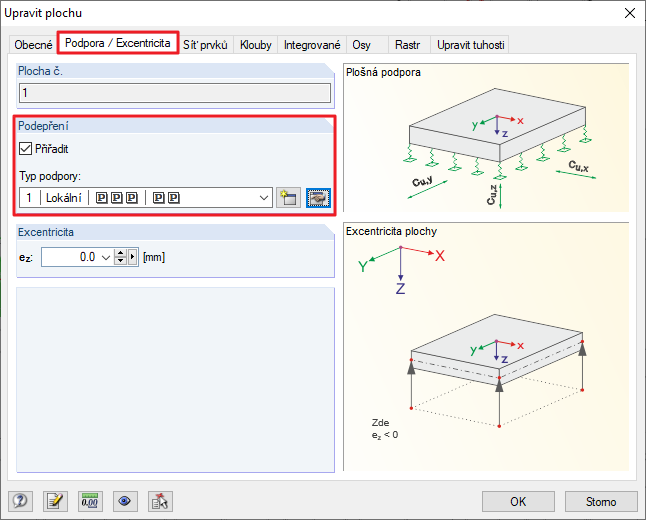 Dialog "Upravit plochu" s definicí podpory