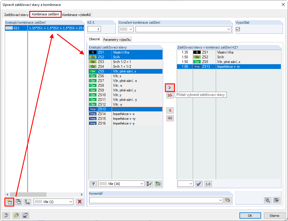 Ruční vytvoření kombinací zatížení