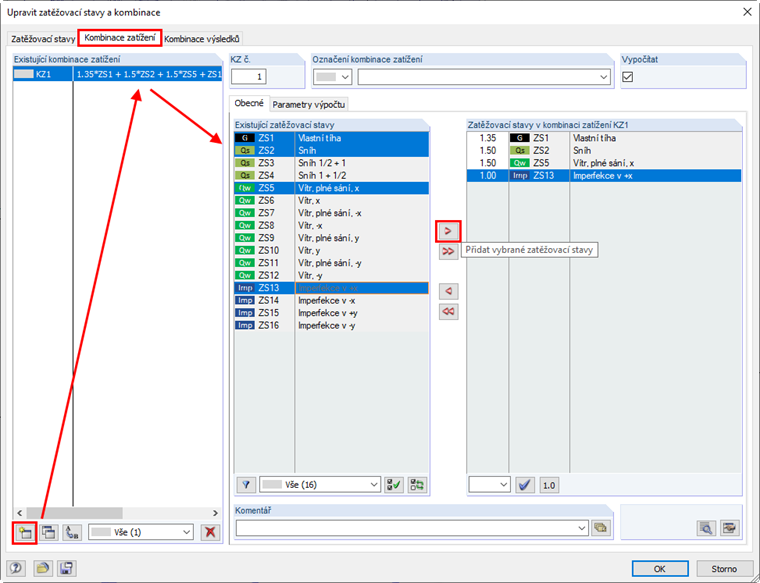 Ruční vytvoření kombinací zatížení