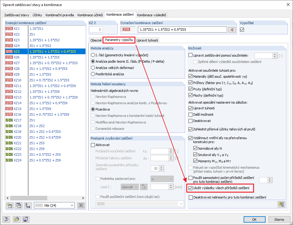 Uložení výsledků přírůstků zatížení