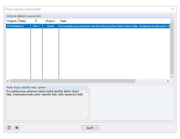 Chybová zpráva v přídavném modulu