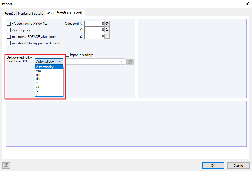 Import ASCII formátu DXF: Nastavení délkové jednotky