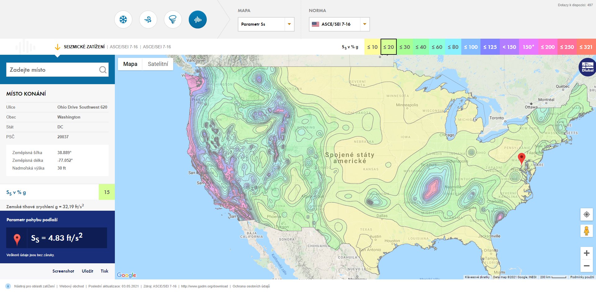 Online služba "Oblasti zatížení sněhem, větrem a zemětřesením"