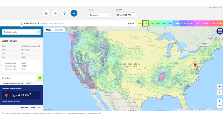 Online služba "Oblasti zatížení sněhem, větrem a zemětřesením"