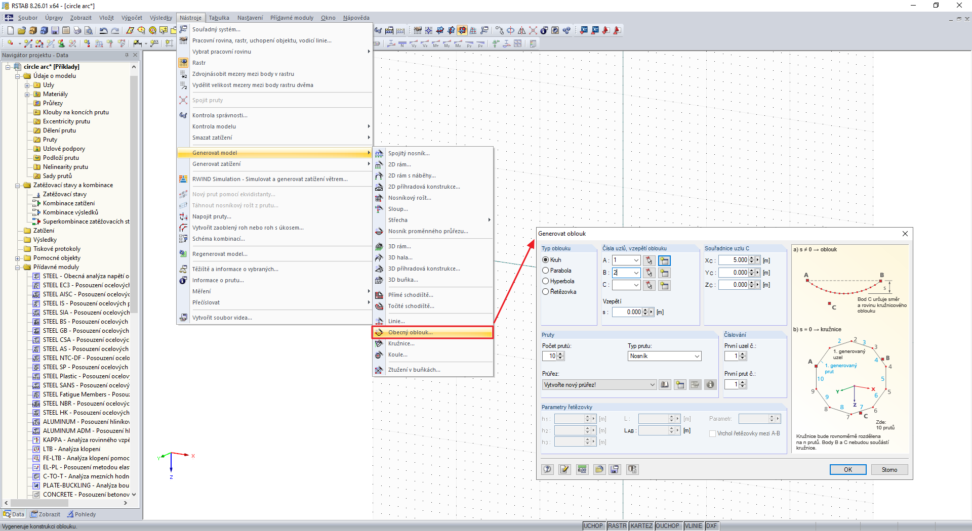 Možnost "Vytvořit kruhový oblouk"