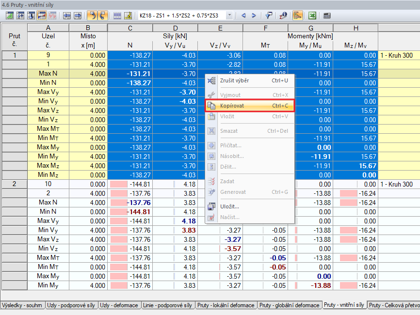 Ruční kopírování vnitřních sil z programu RSTAB/RFEM