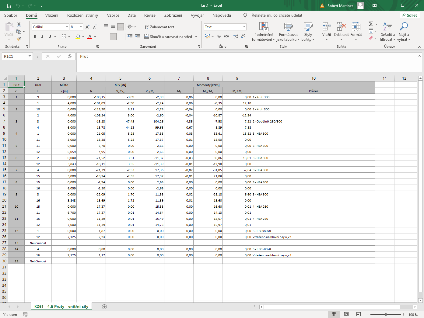 Exportované vnitřní síly v Excelu