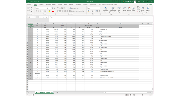Exportované vnitřní síly v Excelu