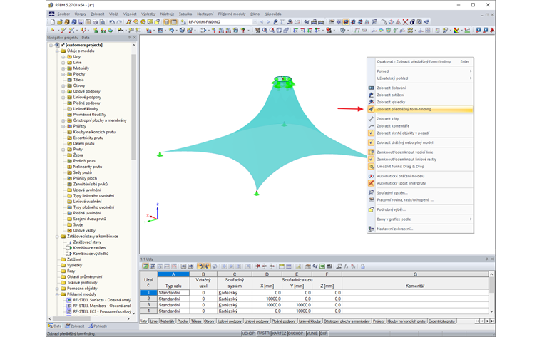 Funkce "Zobrazit předběžný form-finding" v místní nabídce