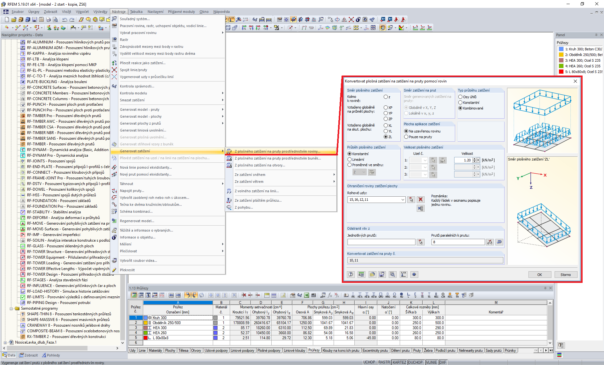 Funkce naleznete v menu Nástroje -> Generovat zatížení