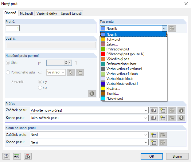Typy prutů ve 2D-XY