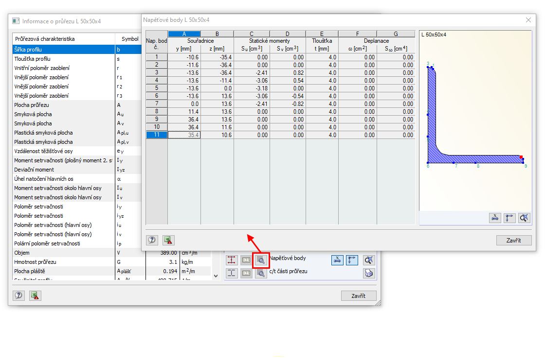 Napěťové body průřezu z databáze průřezů