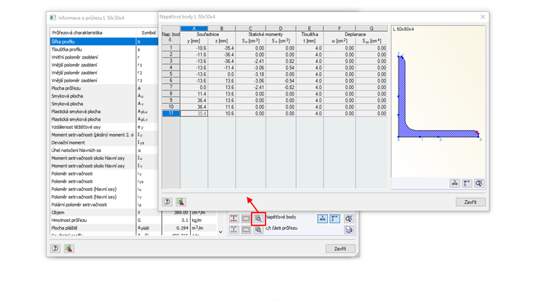 Napěťové body průřezu z databáze průřezů