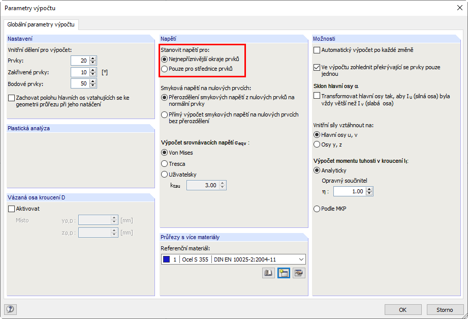 Parametry výpočtu pro napětí