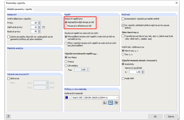 Parametry výpočtu pro napětí