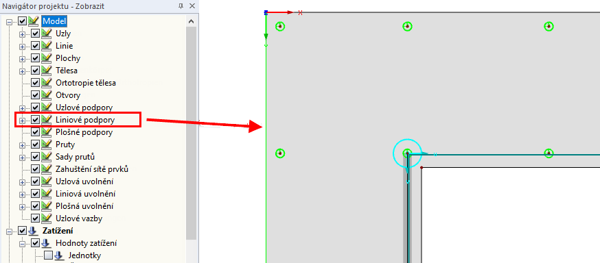 Liniová podpora zobrazená zeleně