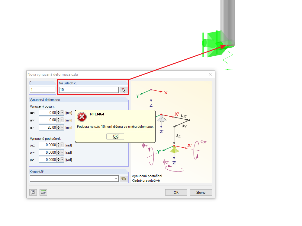 Chybová zpráva pro vynucenou deformaci uzlu