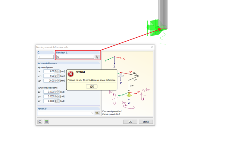 Chybová zpráva pro vynucenou deformaci uzlu