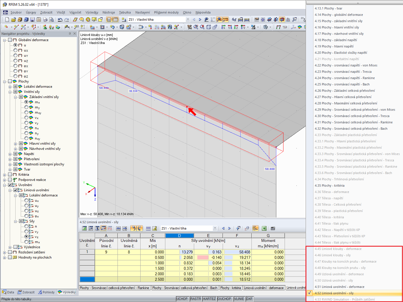 Grafické a tabulkové zobrazení sil liniového uvolnění