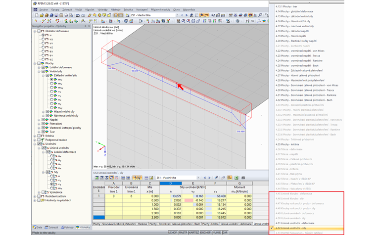 Grafické a tabulkové zobrazení sil liniového uvolnění