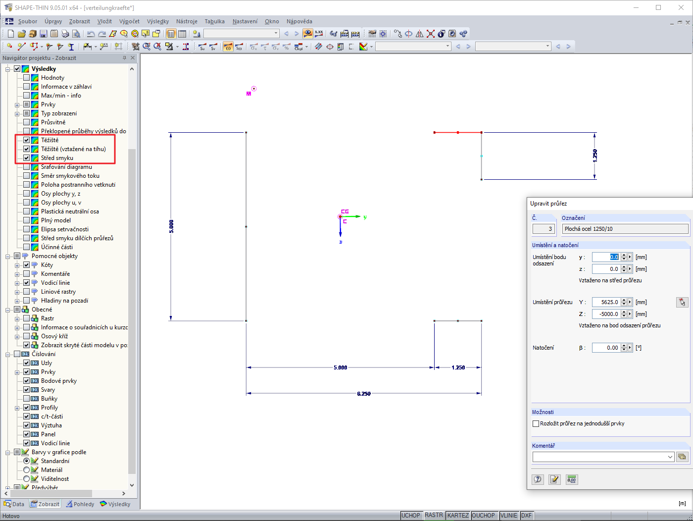 Střed smyku v programu SHAPE-THIN
