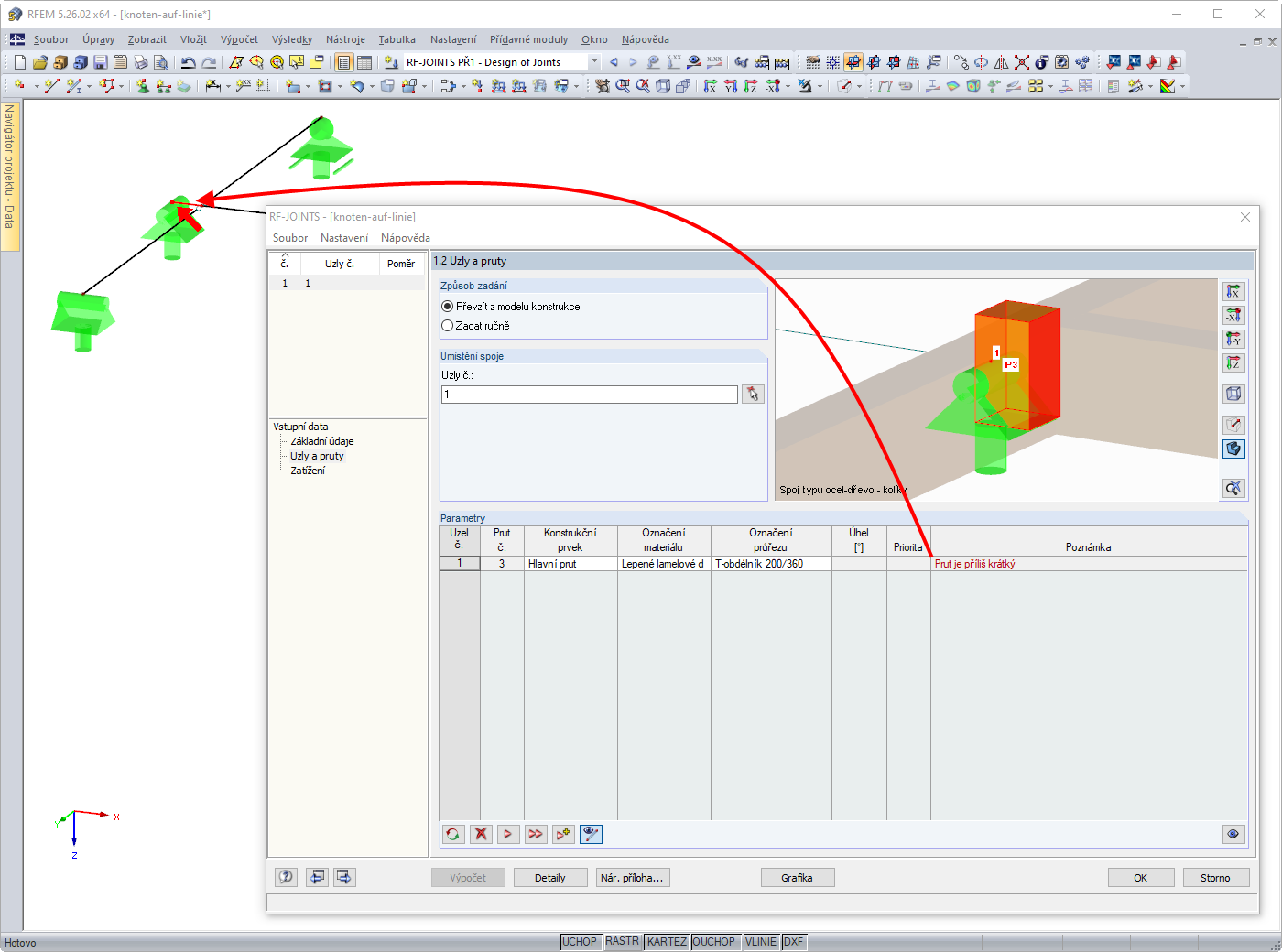 Hinweismeldung im Zusatzmodul JOINTS bezüglich der Stablänge