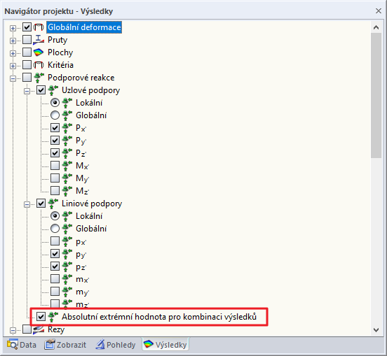 Navigátor výsledků pro podporové reakce