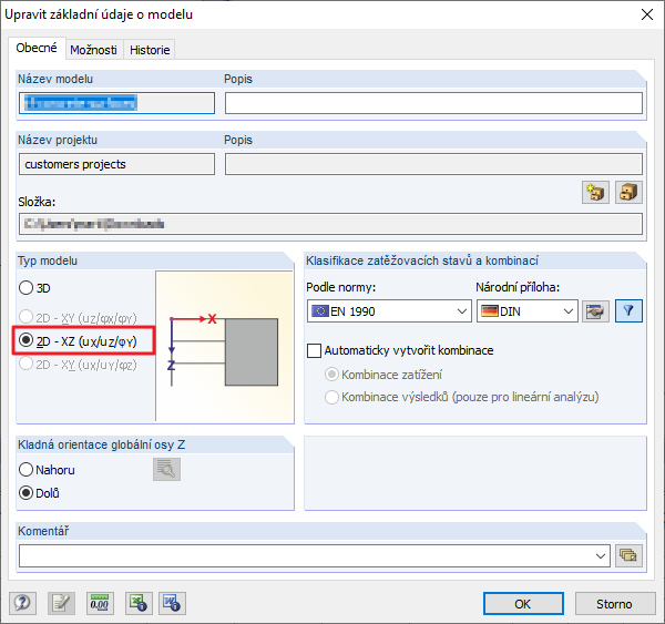 Dialog se základními údaji o modelu a nastavením typu modelu