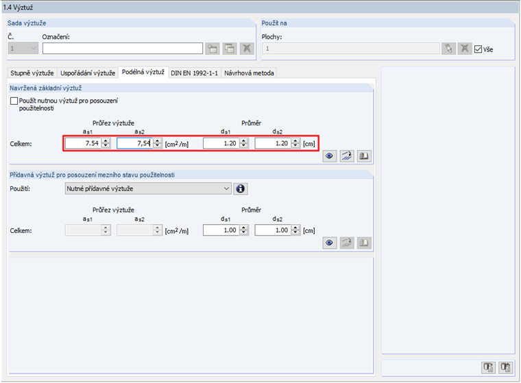 Podélná výztuž v dialogu 1.4 pro 2D model