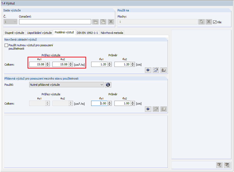 Zadání podélné výztuže pro 2D model