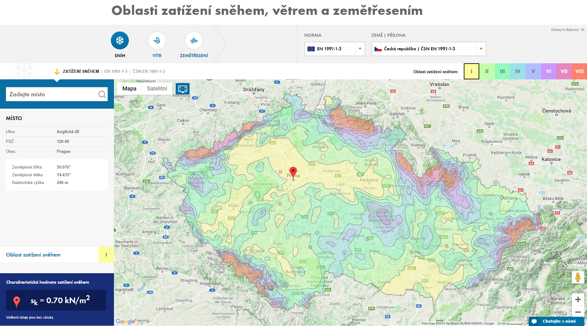 Po zadání polohy, například poštovního směrovacího čísla (PSČ) nebo názvu obce, případně po kliknutí na příslušné místo na mapě obdržíme hodnotu zatížení.