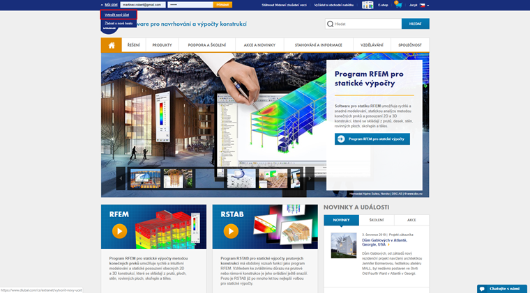 Pro objednání a následné využívání map zatížení je potřeba mít vytvořený účet. Pokud ještě nejste zákazník společnosti Dlubal Software musíte si účet vytvořit.
