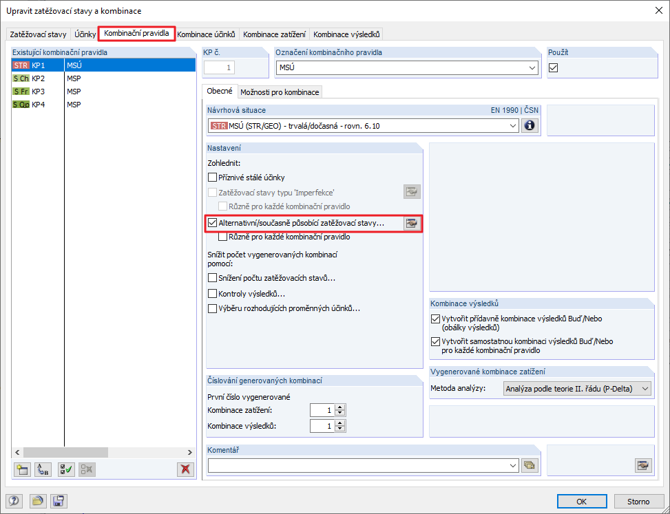 Záložka "Kombinační pravidla" pro EN 1990